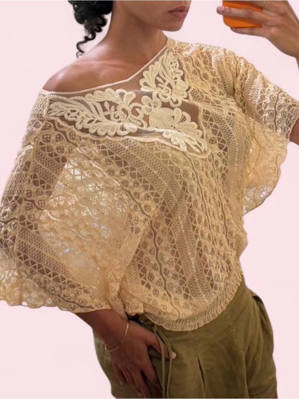 Sheer Lace Embroidered Off-Shoulder Top in Cream